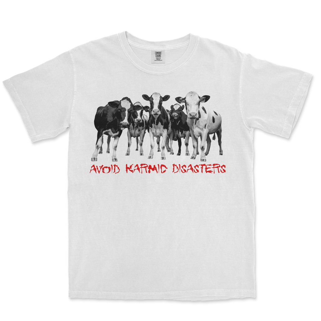 PRE-ORDER: DEVARISHI RECORDS 'Avoid Karmic Disasters / Go Vegan' T-Shirt / WHITE